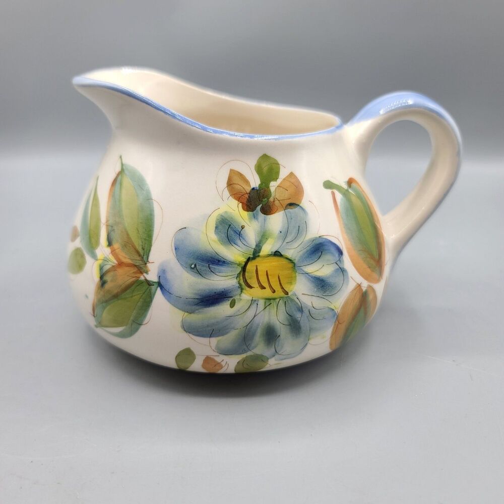 Vintage Floral Ceramic Pitcher Vase Hand Painted Portugal